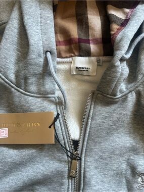 Burberry Light Gray Hoodie with Signature Check Hood Lining